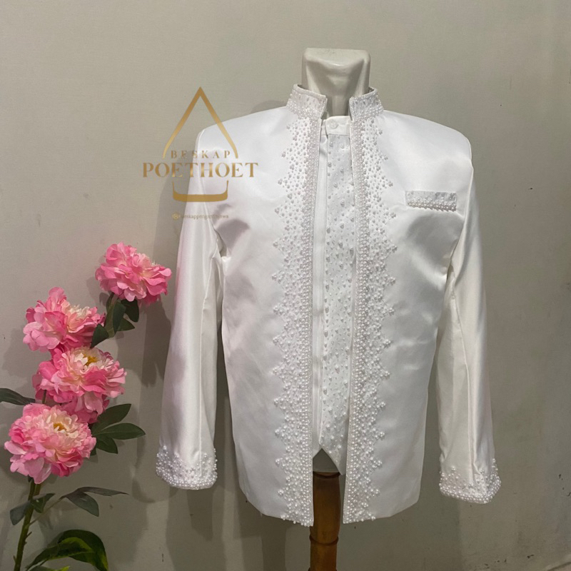 Jas beskap pengantin akad nikah putih tulang broken white mutiara simple alegan set peci celana