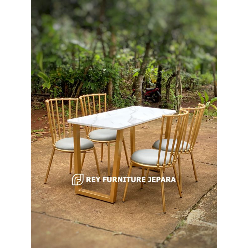 SET MEJA MAKAN MINIMALIS TOP CAT MOTIF MARMER 4 KURSI KAKI BESI, SET KURSI MAKAN MINIMALIS 4 KURSI B