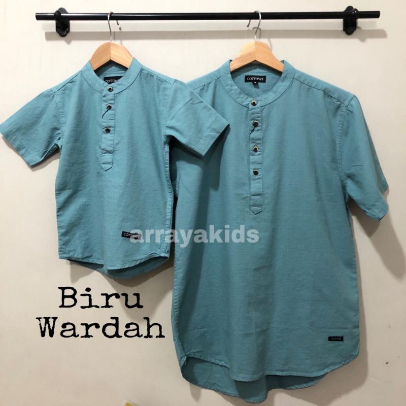 Baju Koko Couple Ayah dan Anak Terbaru Warna Biru Wardah Usia Anak Remaja Dewasa Big Size