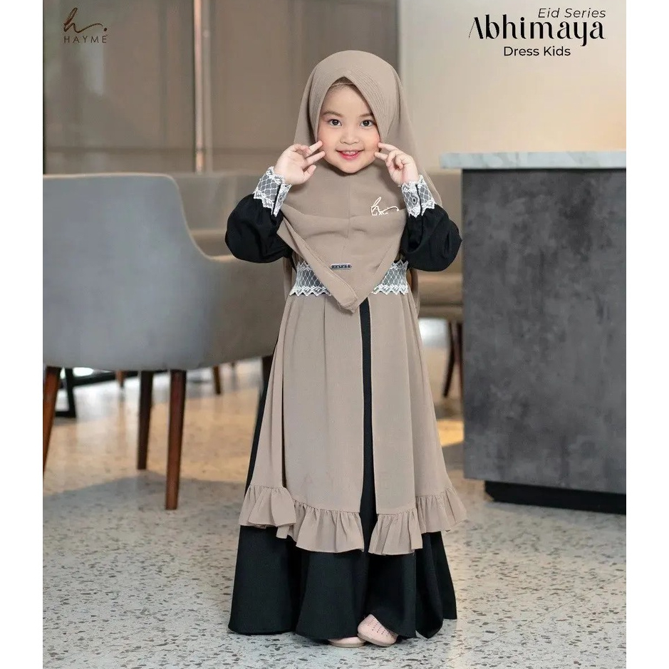 Abhimaya Dress Kids Aplikasi Renda Full Puring Fit L-XL-XXL( L usia 4-6 thn )( XL 7-10 thn )( XXL 10-14 thn ) Sett khimar Gamis anak Perempuan Bahan Ceruty Gaun Cantik Anak Kekinian Fashion Kidts Terbaru Dres