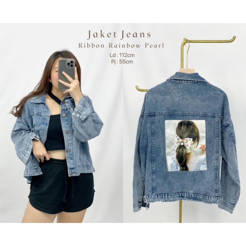 MDLV ~ Jaket Jeans Ribbon Dyor Rainbow Pearl Cat Blue Good Quality