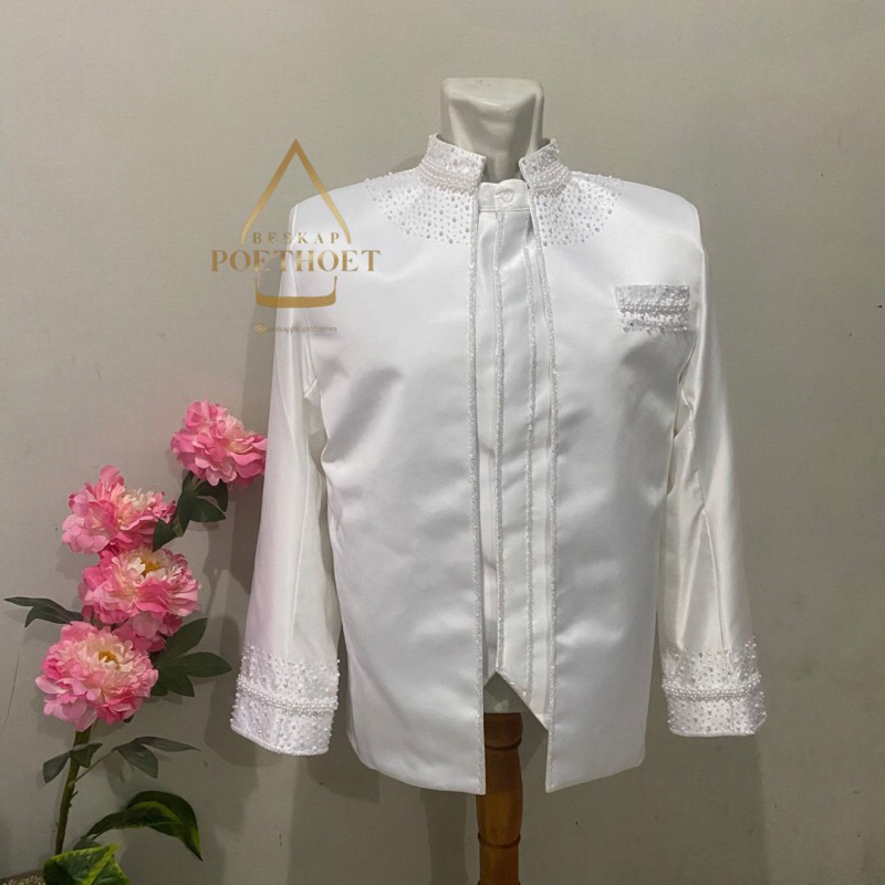 jas pengantin akad nikah ijab putih simple elegan set peci dan celana