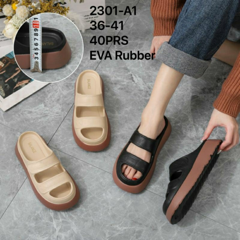 Original Balance 2301-A2 Sandal Selop Wanita 2 Garis Karet Jelly Slip-On Import Logo BLC Eva Rubber Ringan Sendal Sepatu Cewek Perempuan Slop Kokop Impor Bustong Ban Dua L029-B2 029 L029 2301 2301-A1 2301-B1 L029-A2 Empuk Sol Tebal Kekinian Viral Cantik