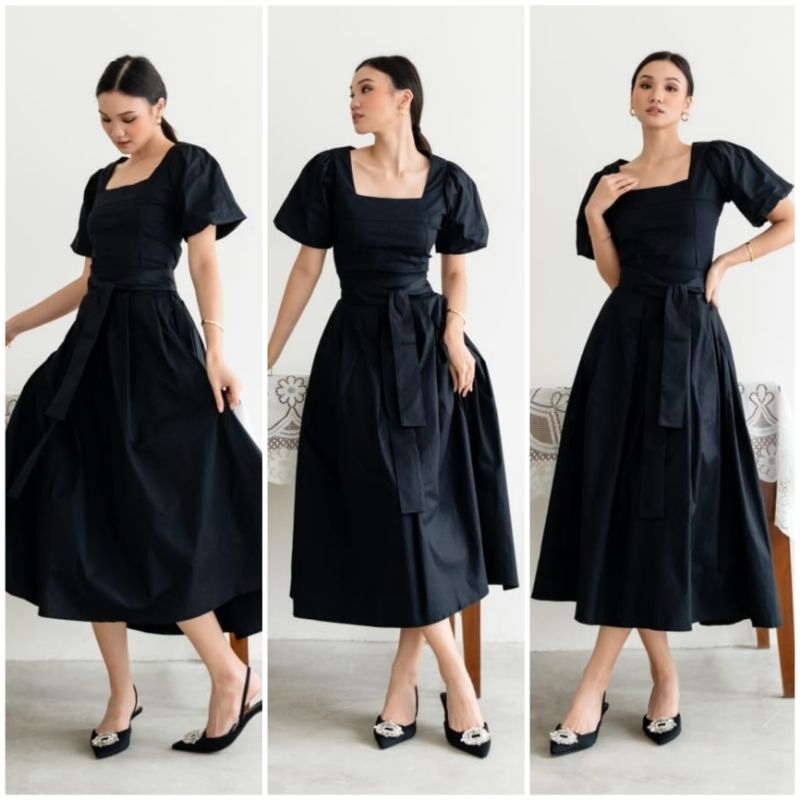 ♡ PREMIUM ♡ ORIGINAL ! ALLEANDRA 3 IN 1 PLAIN  SET SQUARE NECK PUFF SLEEVE BLOUSE WITH MIDI  FLARE SKIRT + OBI BELT