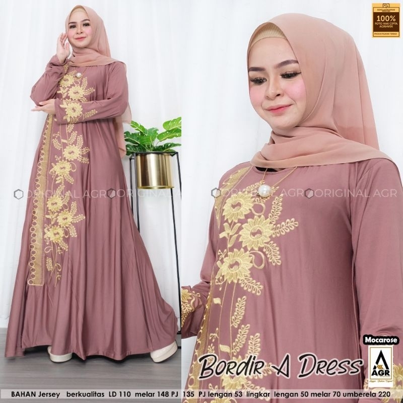 GAMIS BORDIR HIDAYAH #2, BAHAN JERSEY SUPER MIX BORDIR ORI, LD.110-130 PB.138 FIT XL-XXXXL