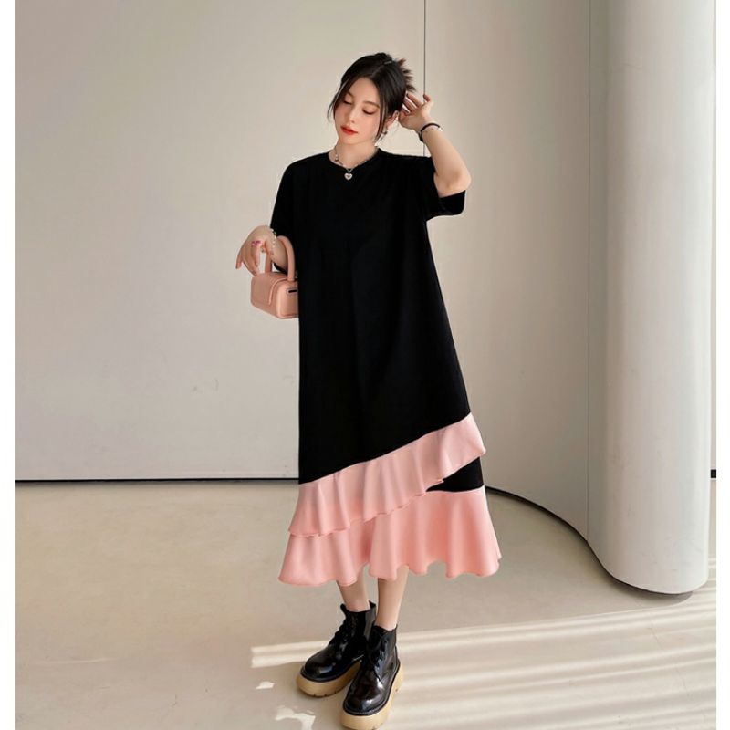 80210 Three M Baju mididress DROP WAIST HITAM rempel terusan dres Korea Korean style wanita import B