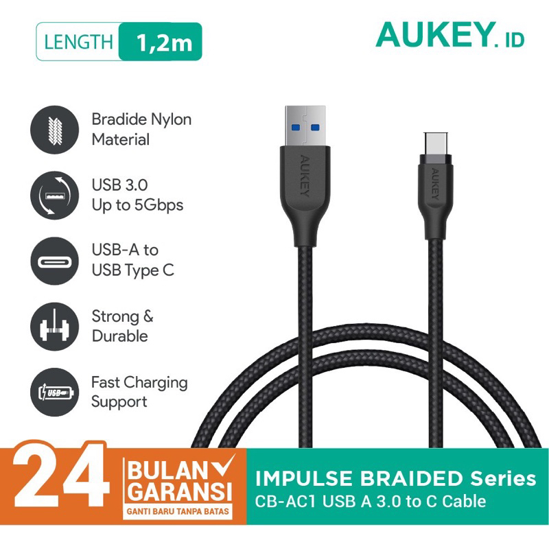 Kabel Charger Type C Aukey CB-AC1 1.2M Braided Black - 500279 Terbuat dari bahan braided nylon dengan kualitas tinggi Mengisi daya 4x lebih cepat Pastikan perangkat anda support USB type C BY SEN