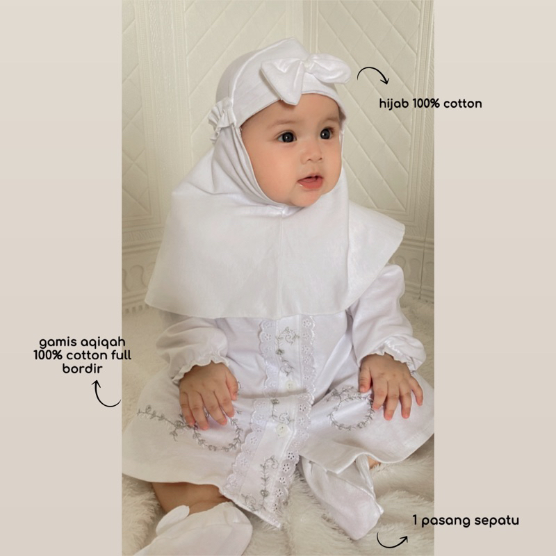 GAMIS MEWAH AQIQAH /PURE WHITE Baju setelan dress muslim lebaran bandana sepatu lucu cantik anak bayi cewek perempuan