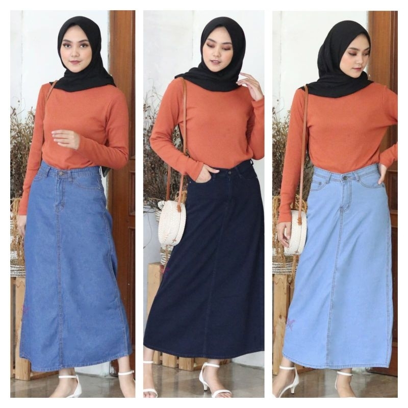 Rok Jeans Panjang Skirt Wanita Jumbo