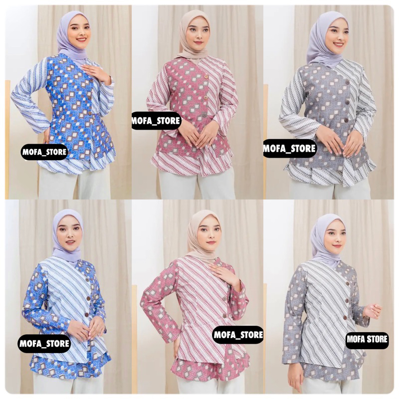 tey-17 Batik wanita ASJ SA HRB026 Kenongo Kemeja Abu Navi Merah Panjang