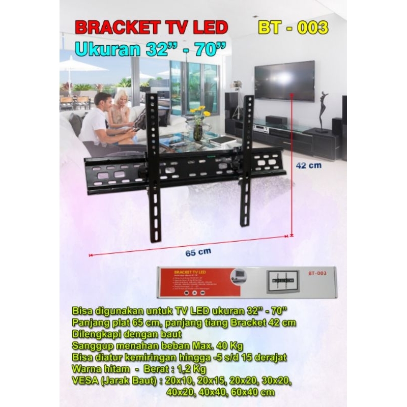 Bracket TV 70 inch dari 32 inch BT003 + Waterpass