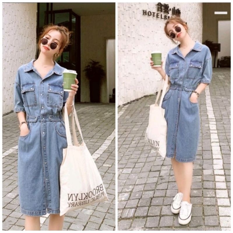 Dress Jeans Wanita Lengan Pendek Elegant