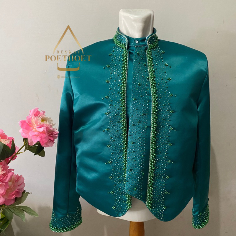 baju beskap pengantin Jawa solo hewes krowok hijau payet halus premium