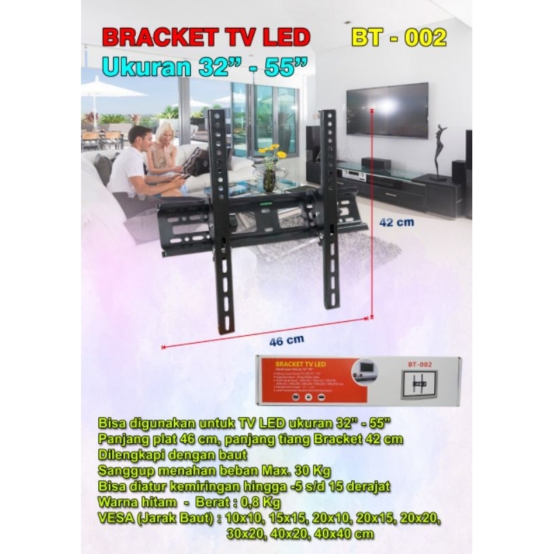 Bracket TV 55 inch dari 32 inch BT002 + Waterpass