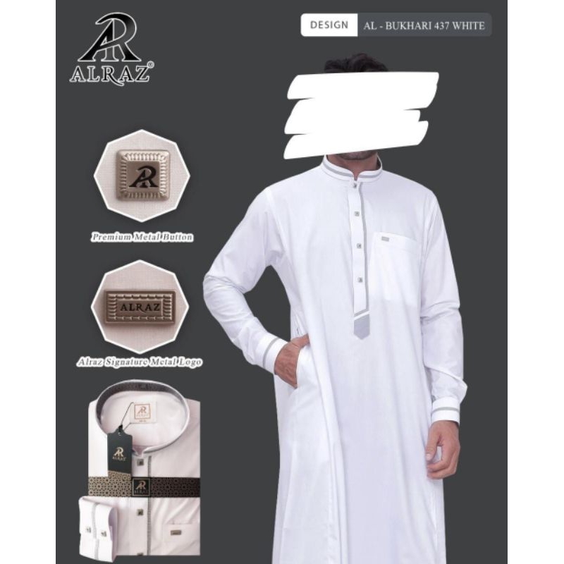 Jubah Pria Al Raz Al Bukhori Putih, Gamis Pria Al Raz Putih Lengan Manset