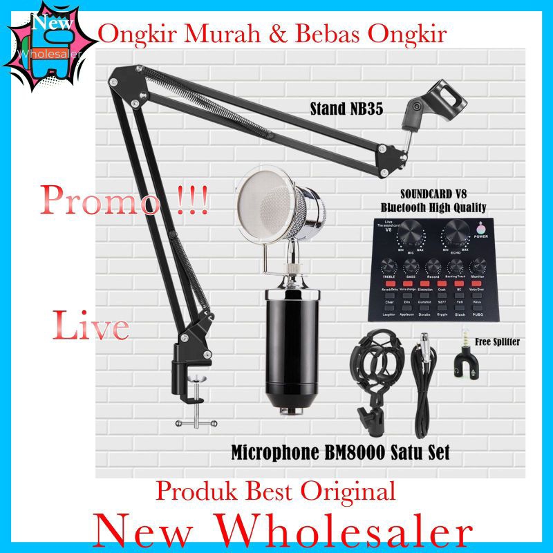 paket Full set Mic BM8000 plus sysnd dan soundcard v8 untuk karaoke live streaming