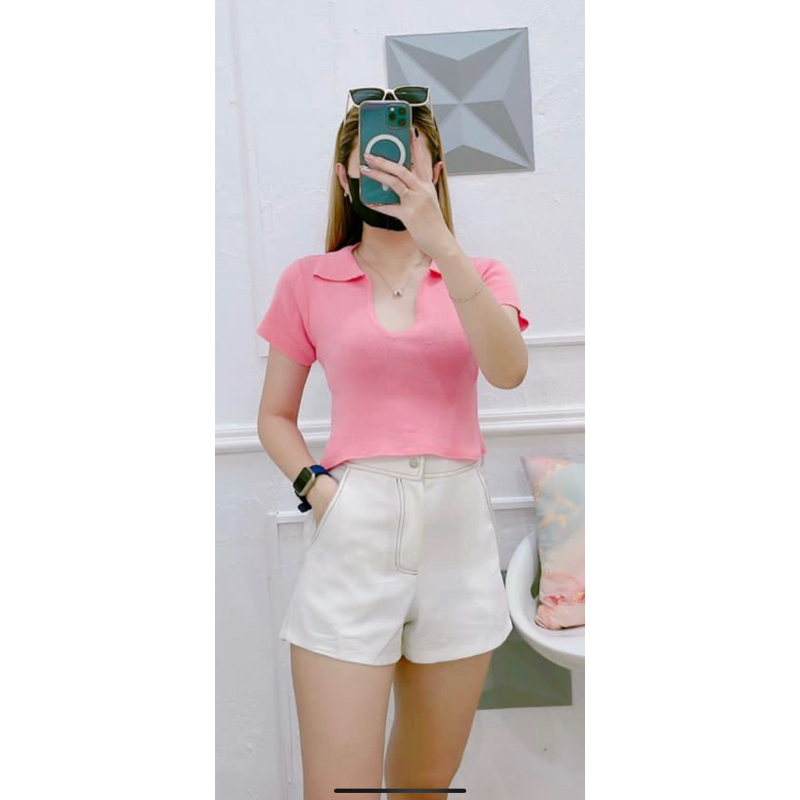 Crop Top Kerah V Korea Knit Sexy Korean Style Kaos Kerah Wanita Polo Shirt Rajut Tebal