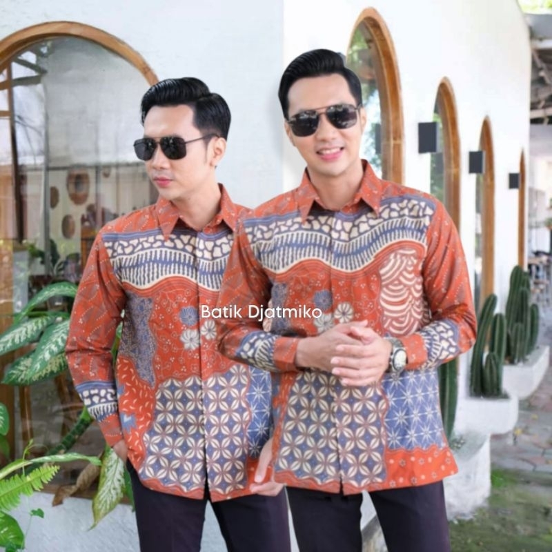 Kemeja Batik Abstrak Vermilion Red Hem Batik Lengan Panjang Pendek Jumbo Regular