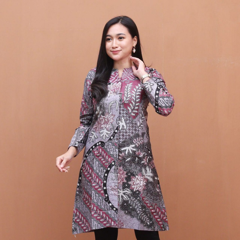 Atasan Tunik Batik Wanita Couple Kemeja Batik Pria Lengan Panjang Best Seller Kain Katun - Motif Cap Ungu