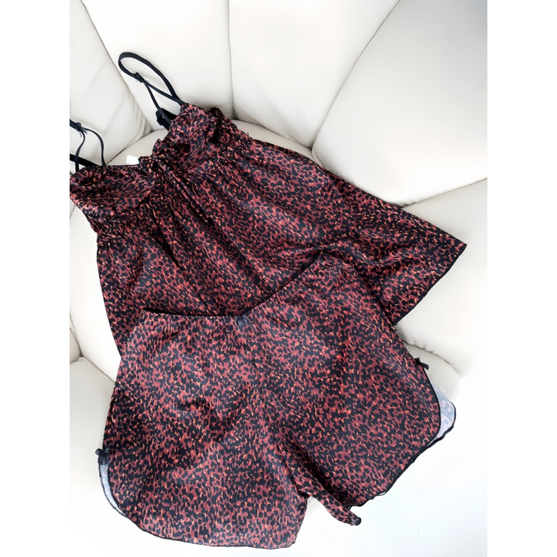 Babydoll Sleepwear Set Motif Macan Tutul Hitam Baju Tidur Wanita