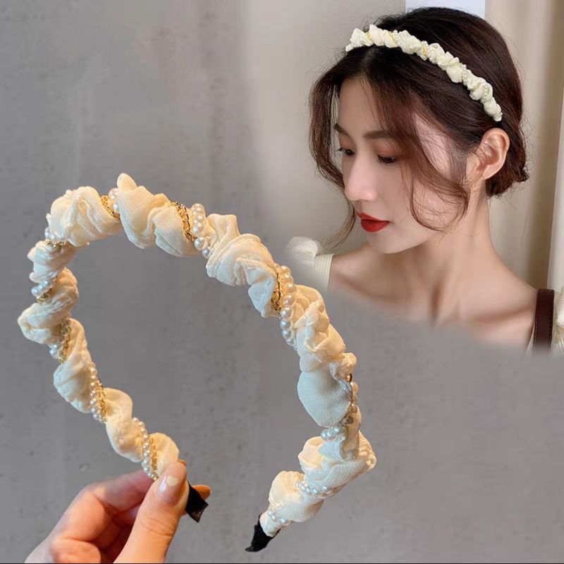 Bando Scrunchie Lilit Rantai Mutiara Bahan Sifon 2cm Korean Chiffon Pearl Headband Aksesoris Rambut Wanita Bando Korea Mutiara