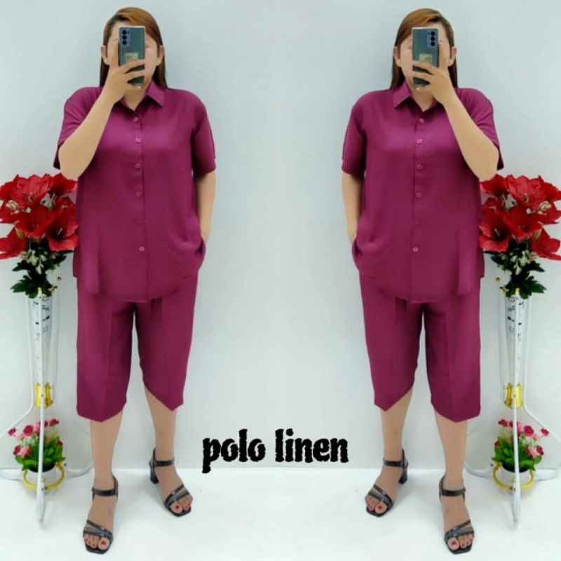 CNC - Stelan Wanita Dewasa Terbaru/Stelan 7/8 Kemeja Polo Linen Polos Standar Dan Jumbo