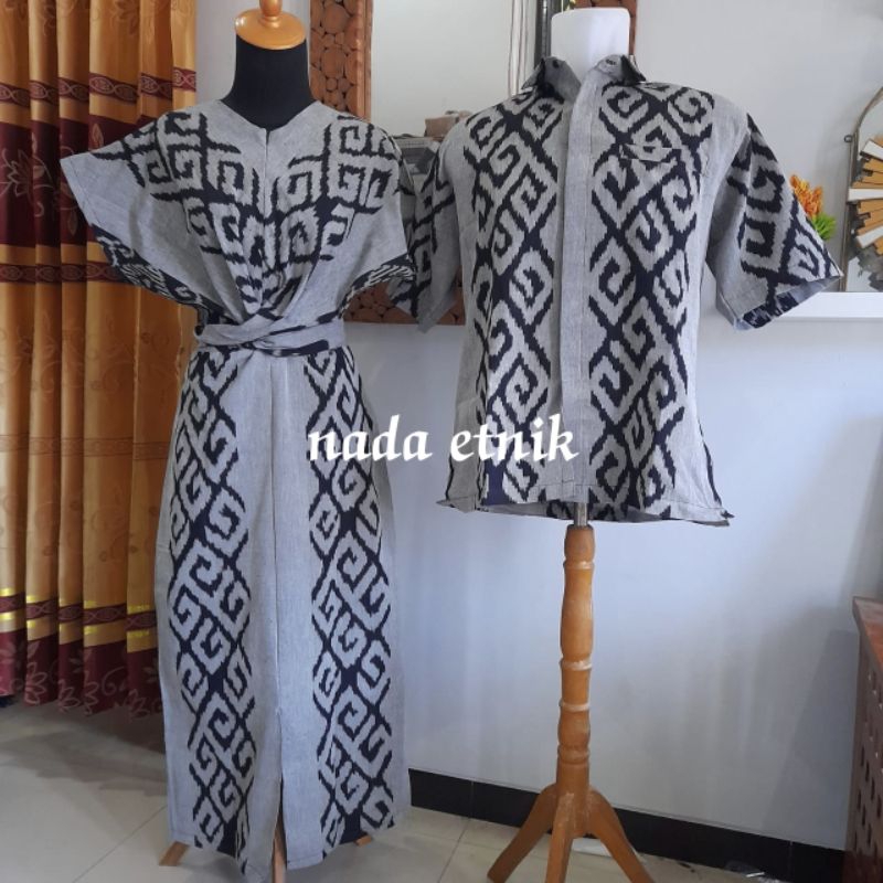 set couple clara dres dan kemeja ful Tenun nada etnik  fashion