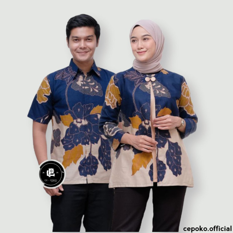 Baju Batik Wanita Lengan Panjang Seragam Kerja Kantor Moder Katun HRB 026 Motif Mawar Navy