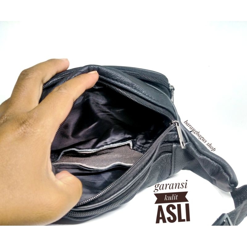 Waistbag tas pinggang pria cowok kulit asli polos tanpa merk tanpa logo ukuran sedang