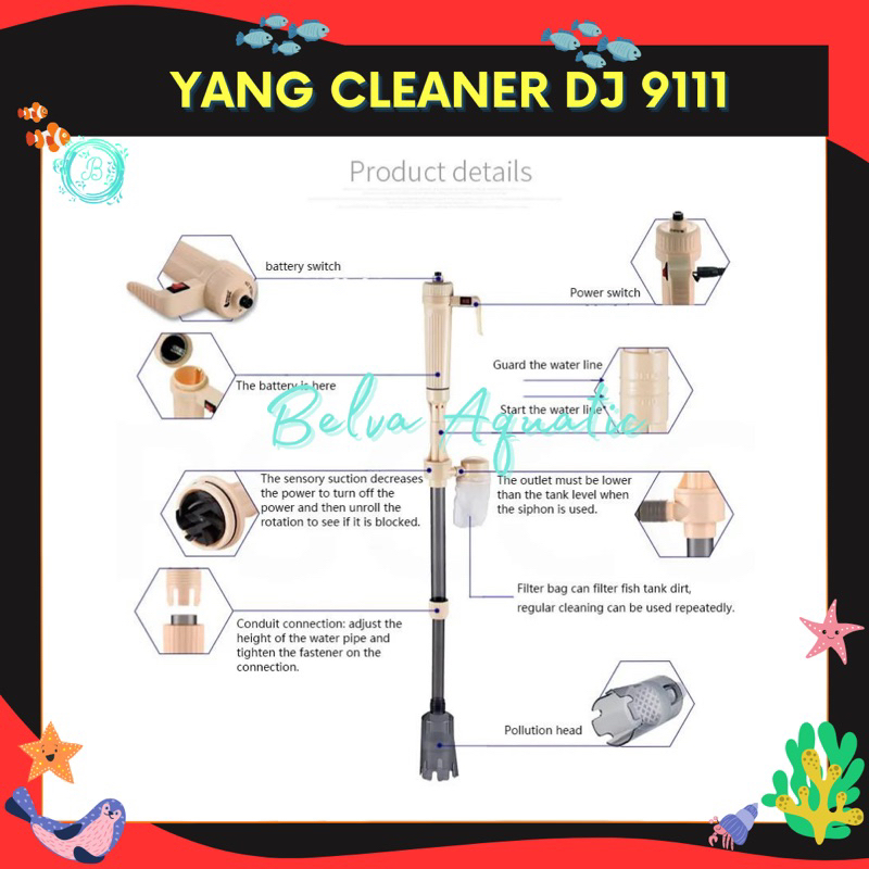 YANG AQUARIUM BATTERY ELECTRIC SIPHON CLEANER DJ-9111 Gravel Sand Vacuum Baterai &amp; Elektrik Listrik Alat Penguras Air Vakum Sifon Pembersih Penyedot Kotoran Pasir Aquascape Tank Ikan DJ9111