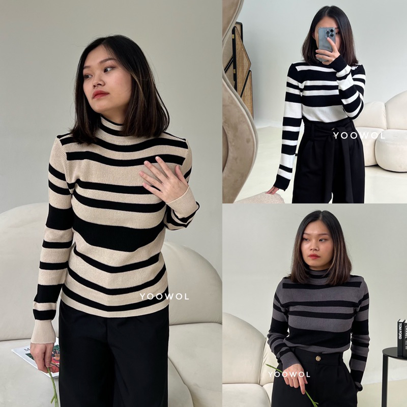 Rosie Knit Top/Atasan Garis Garis Wanita Lengan Panjang/Atasan Wanita Lengan Panjang Korea/Atasan Knit/Basic Knit Top