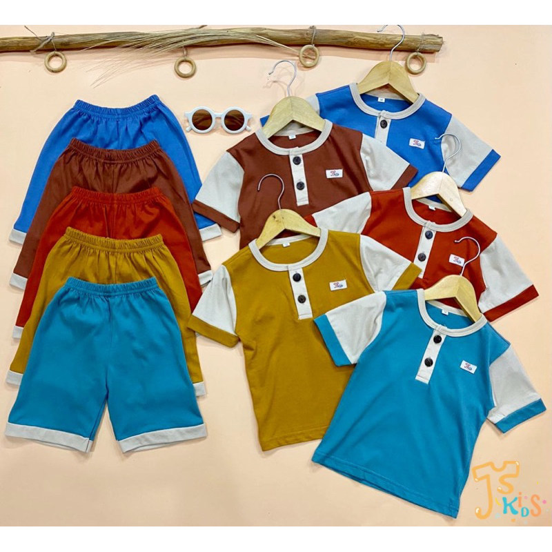 JISA Kids - NEW Baju Anak/ Setelan Anak Kiano Set Warna Kombinasi Celana Pendek Baju Pendek