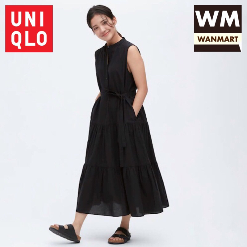 UNIQLO Women Dress Gaun Wanita Katun Slub Tanpa Lengan Black