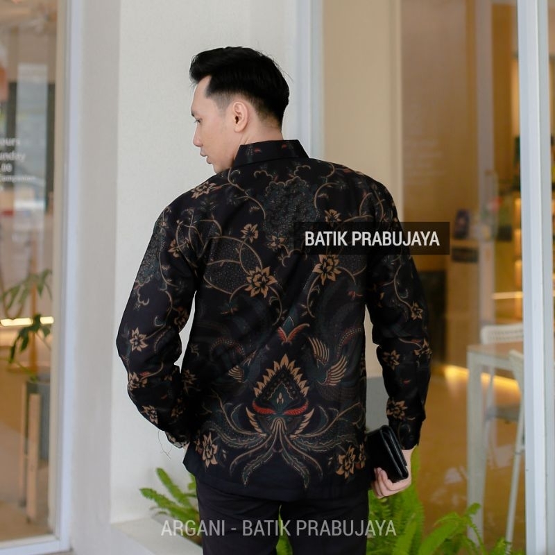 ARGANI Kemeja Batik Pria Modern Premium Lengan Panjang Terbaru - Baju Hem Batik Pria Hitam Tangan Panjang Cowok Kondangan Pesta Kerja