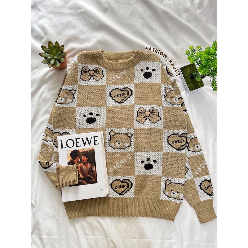 DIANA OVERSIZE SWEATER RAJUT MOTIF BEAR LOVE PREMIUM