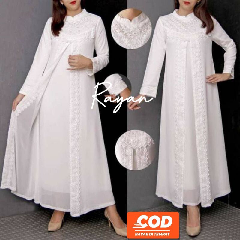Baju Muslim putih Wanita / Busana Muslim umroh haji / Baju Gamis Putih tulang Lebaran /Gamis Wanita 