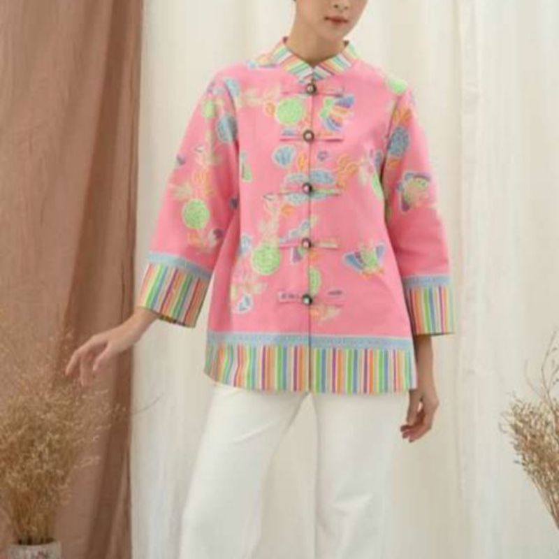 baju batik wanita modern warna pink lengan panjang bahan katun