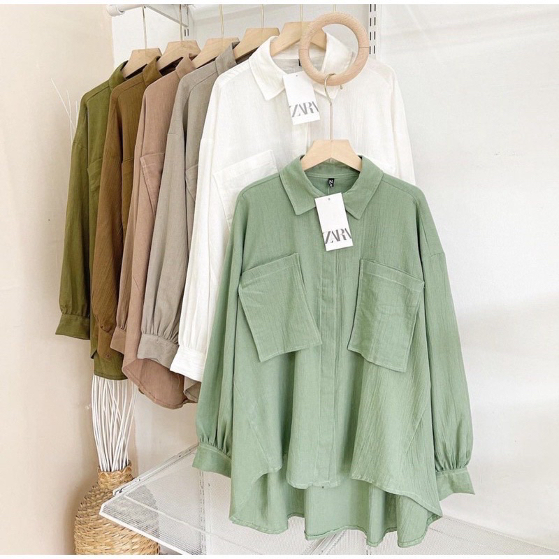 KEMEJA WANITA OVERSIZE LINEN CRINCLE KEKINIAN LENGAN PANJANG LD 115