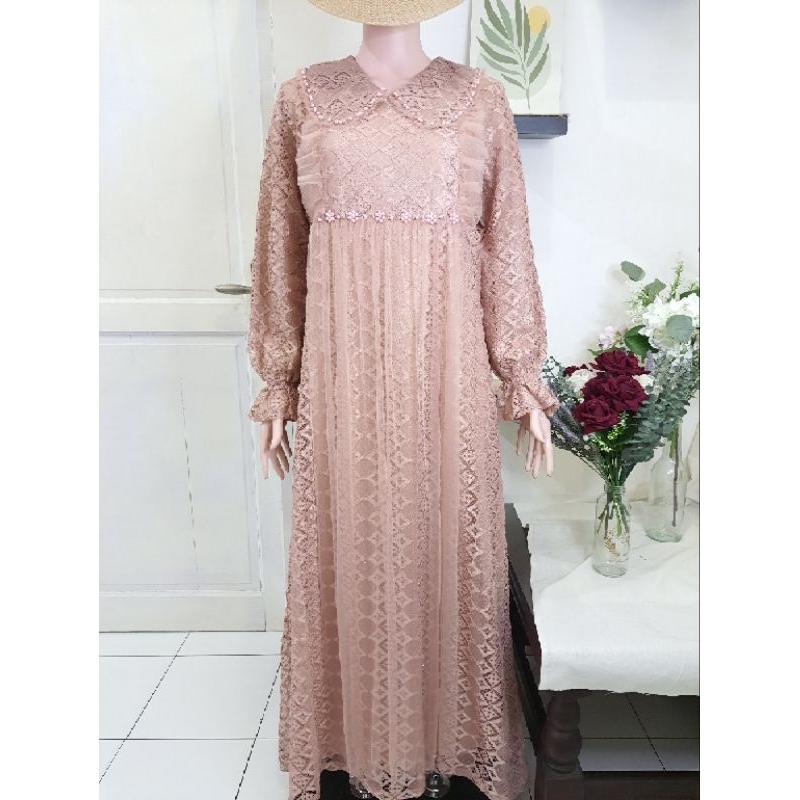 Zetana Peterpan Brocade Maxi l Gamis Brokat Mewah l Dress Brukat Lebaran l Gamis Tile Renda