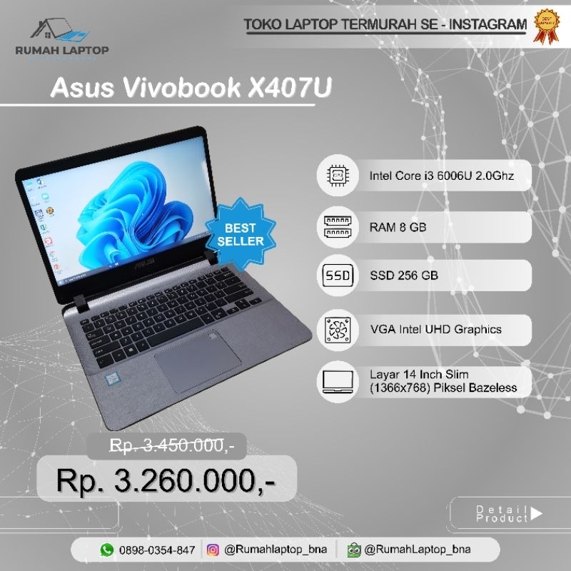 Laptop Asus Vivobook X407U, core i3 gen 6