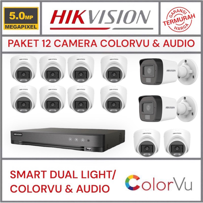 paket camera cctv 12 kamera hikvision 5mp dual light colorvu + audio 16 channel
