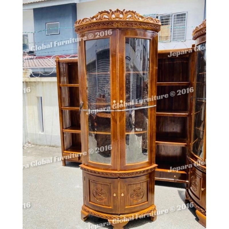 Lemari hias Sudut ukir Jati mahkota Termurah (lemari jati, rak hias jati,lemari pojok,lemari kaca)
