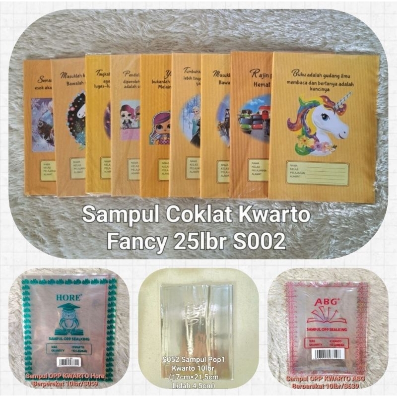 

Sampul Buku Tulis/Kwarto/A5 Mika Pop1(10lbr)/Kertas Coklat Polos20lbr/Bernama20lbr/ bergambar(isi 25lbr)/OPP berperekat HORE(isi 10lbr(/ABG (isi 10lbr)