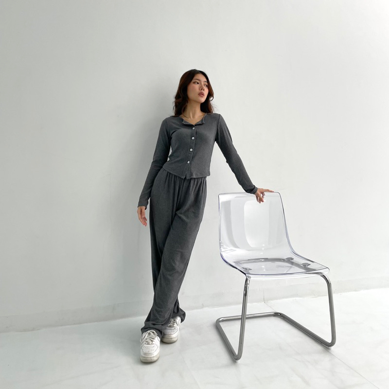 SEOUL SET | Setelan Wanita Ribbed Knit Cardigan Set Lengan Panjang Celana Panjang Highwaist Highwaisted Pants