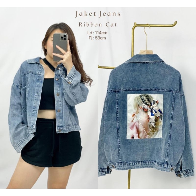 MDLV ~ Jaket Jeans Ribbon Dyor Rainbow Pearl Cat Blue Good Quality