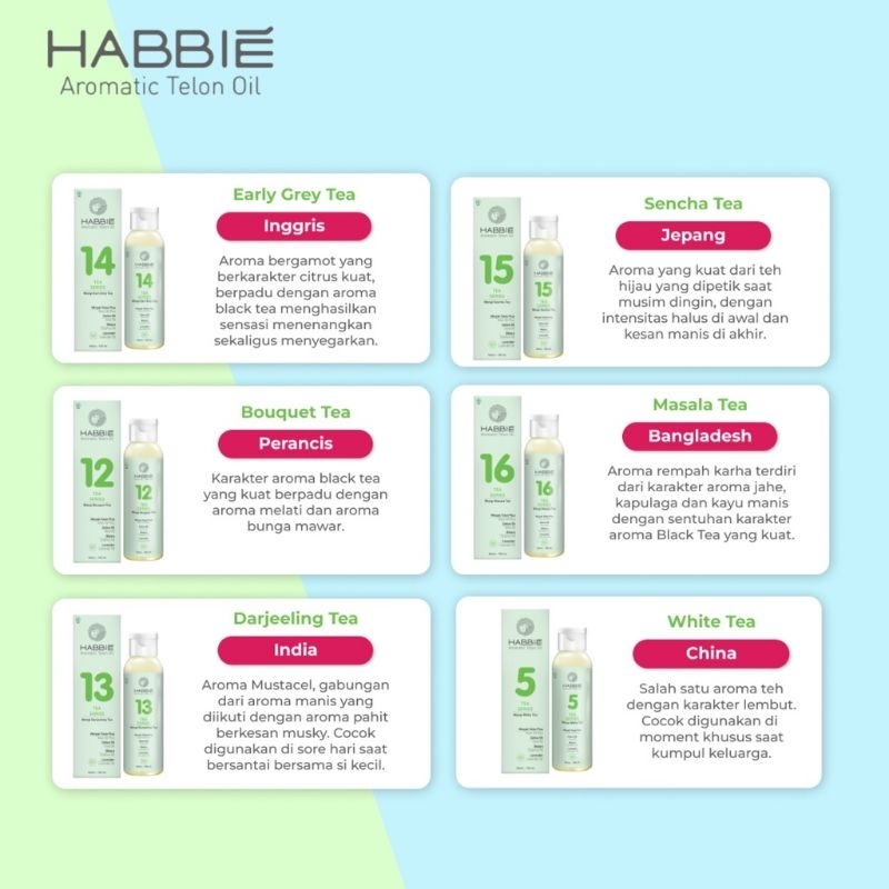 HABBIE Aromatic Telon Oil 100ml Flower Series dan Tea Series / Minyak Telon Bayi Aroma Eksklusif