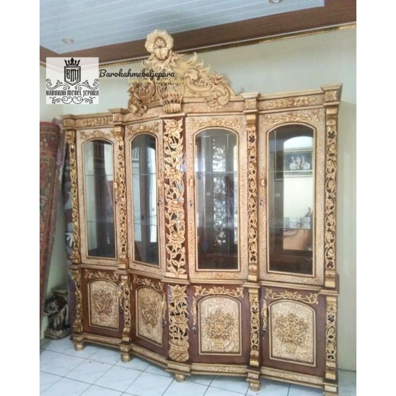 Bufet Hias Tumpuk ukir jati 2,5 meter warna finishing natural kombinasi emas marmer