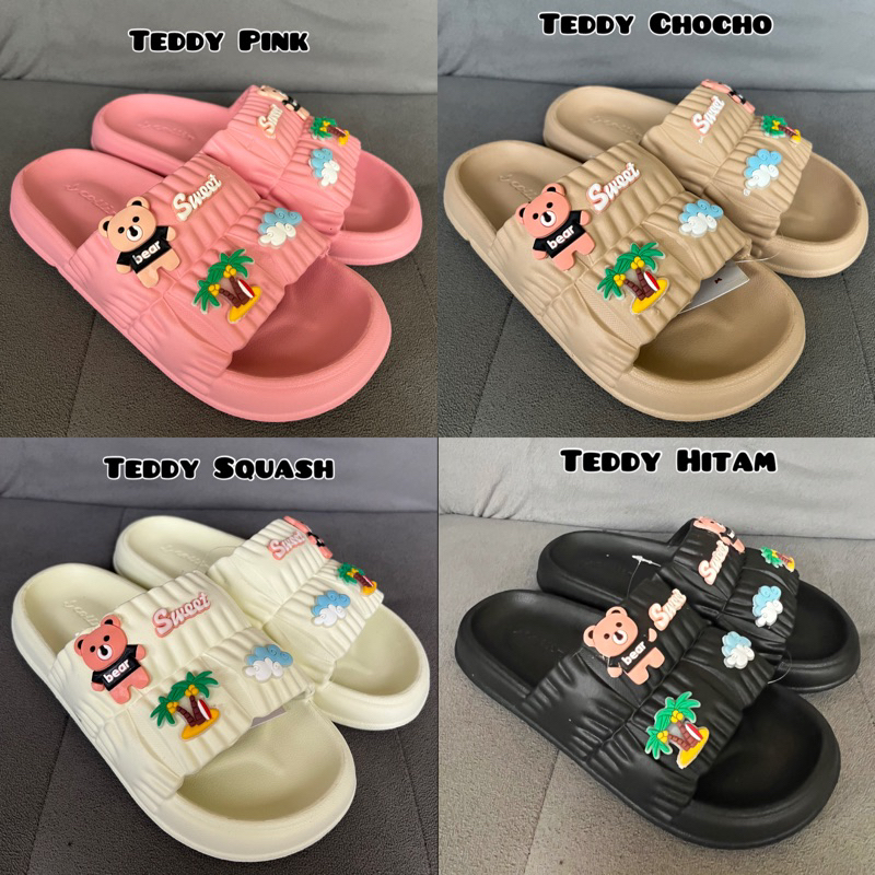 SANDAL SLOP DEWASA JELLY CEWEK/ SANDAL RUMAH MOTIF TEDDY BEAR