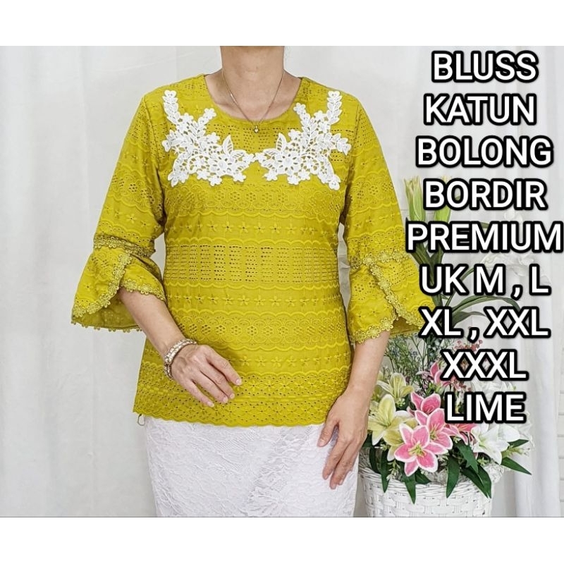 BLUS KATUN BOLONG HIJAU LIME RENDA DAN BUNGA PUTIH