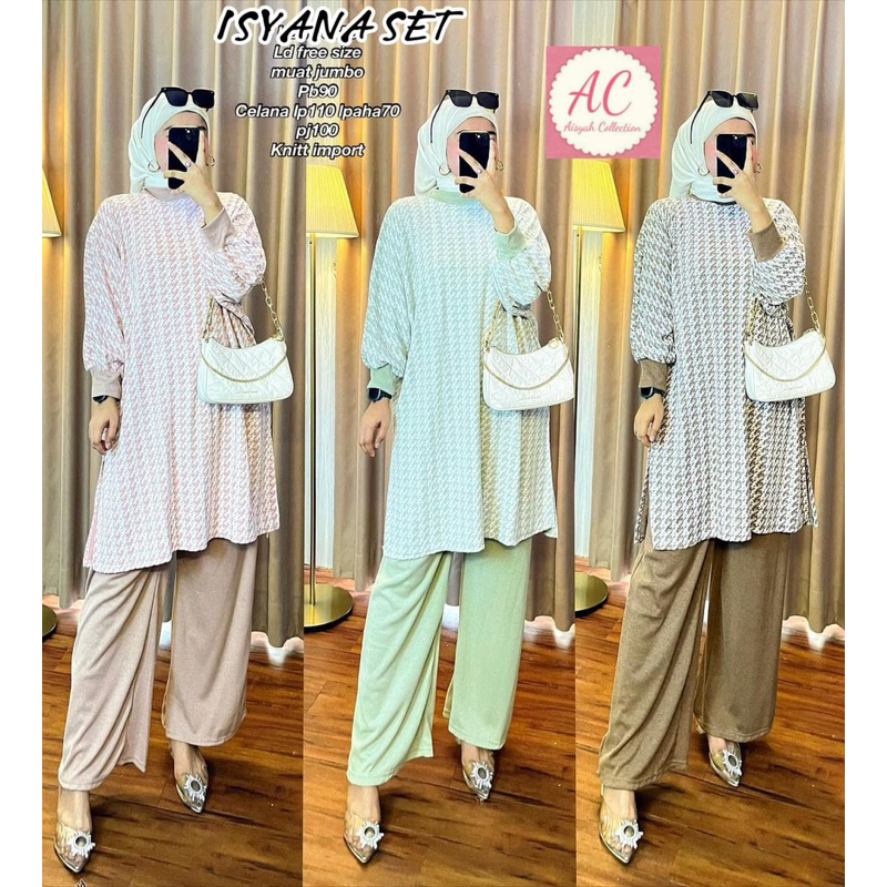 ISYANA SET BAHAN KNIT IMPORT PREMIUM LD FREE SIZE JUMBO / SETELAN TUNIK KNIT IMPORT MOTIF MIX CELANA
